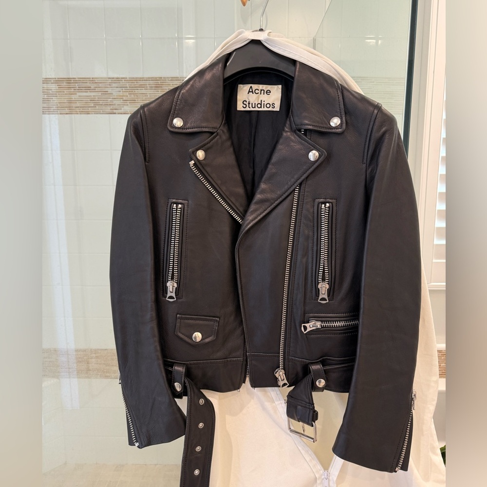 Acne studios belted lamb leather biker jacket